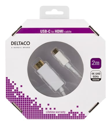 DELTACO USB-C till HDMI-kabel, 2m, 4k, HDCP 2,2, 3D, vit