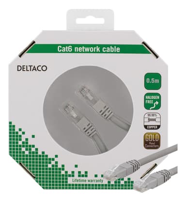 DELTACO U/UTP Cat6 patchkabel, 0,5m, 250MHz, LSZH, grå