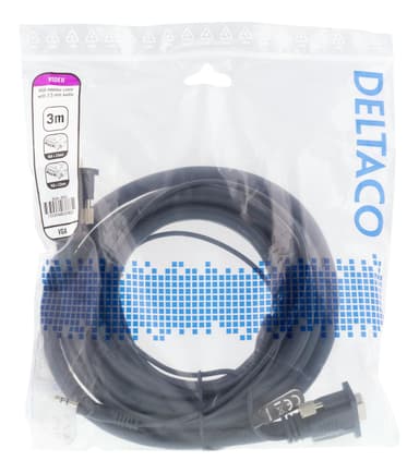 DELTACO monitorkabel HD15ha-ha, 3m, 1920x1200 i 60Hz, med 3,5mm lj