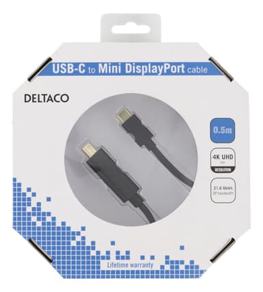 DELTACO USB-C - MiniDP kabel, 0,5m, 21,6 Gbit/s, 3840x2160 60Hz, svart