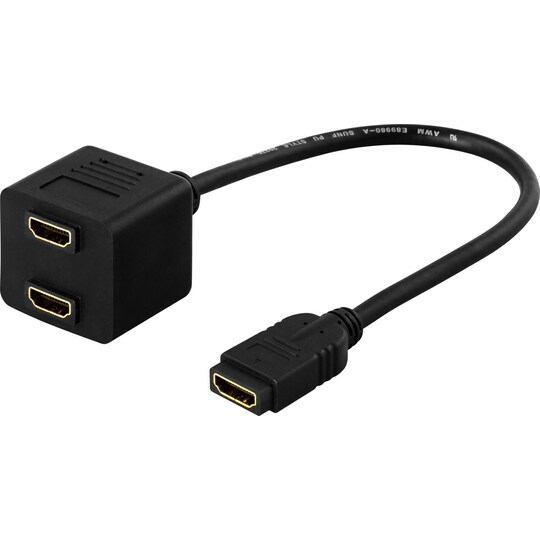 DELTACO HDMI-adapter, 10cm, svart, 1xHDMI ho till 2xHDMI ho, 19-pin