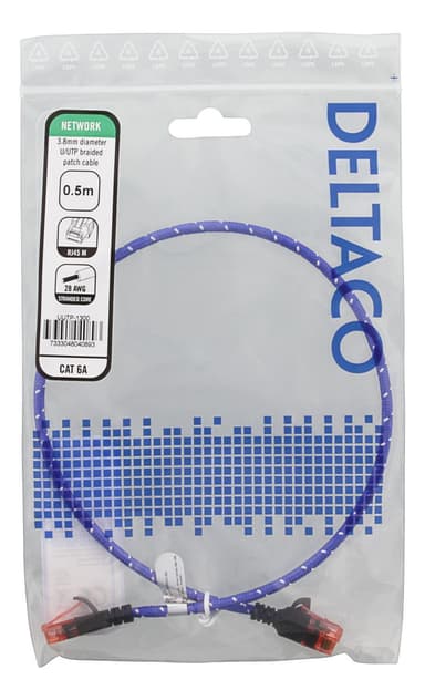 DELTACO Tough Slim CAT.6A U/UTP-kabel, flertrådig, 3.8mm, 0.5m, blå