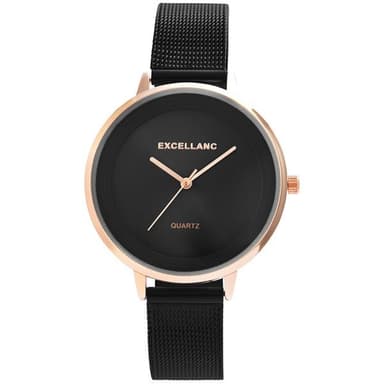 Excellanc Damklocka med rostfritt stål Milanese armband, roséguld färgad/svart