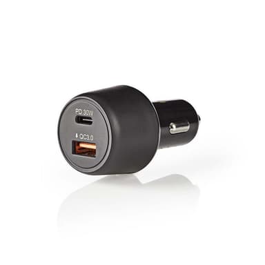 Billaddare 2-Utgångar 3.0 USB-A & C, Svart