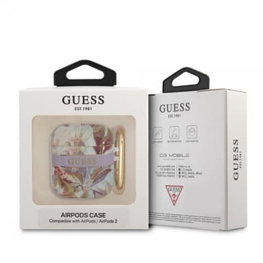 Guess AirPods 1/2 Skal Flower Print & Gold Hook Lila