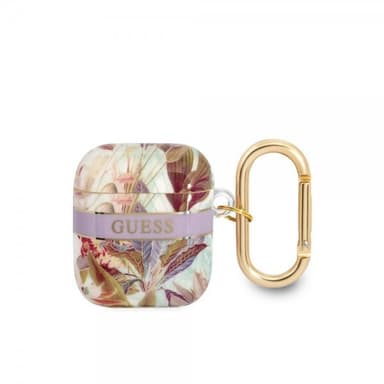 Guess AirPods 1/2 Skal Flower Print & Gold Hook Lila