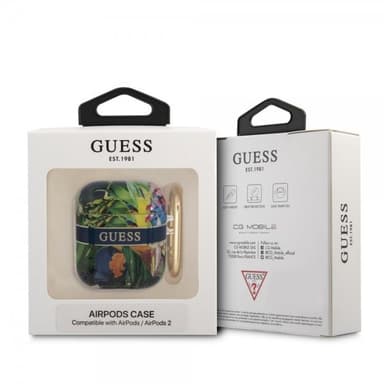 Guess AirPods 1/2 Skal Flower Print & Gold Hook Blå