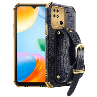 SKALO Xiaomi Redmi 10C Krokodil Guldkant Skal med Handrem - Svart