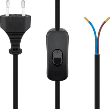 Kabel med euro-kontakt för montering - med strömbrytare, 1,5 m, svart