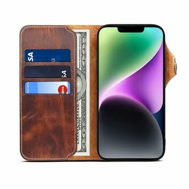 Mobilplånbok 3-kort äkta läder Apple iPhone 14 Plus - Brun