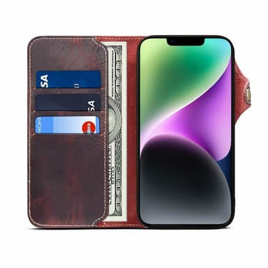 Mobilplånbok 3-kort äkta läder Apple iPhone 14 - Oxblod