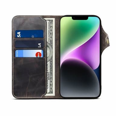 Mobilplånbok 3-kort äkta läder Apple iPhone 14 - Svart