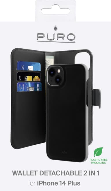 Puro 2i1 plånboksfodral för iPhone 14 Plus (svart)