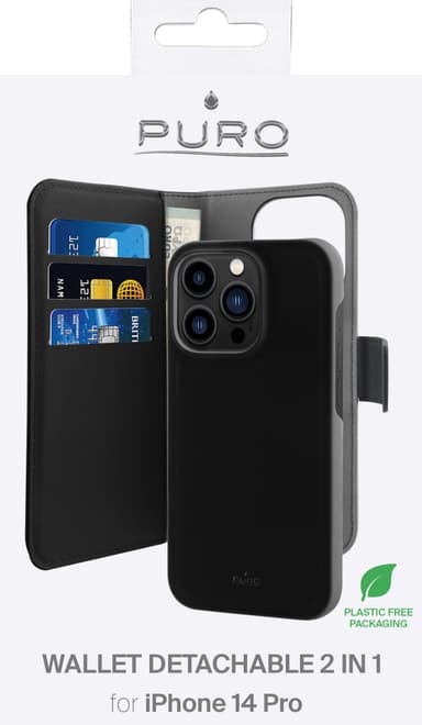 Puro 2i1 plånboksfodral för iPhone 14 Pro (svart)