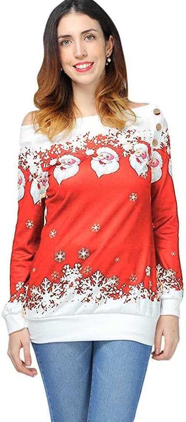 INF Off-shoulder tjocktröja med julmönster - Stl S, Röd