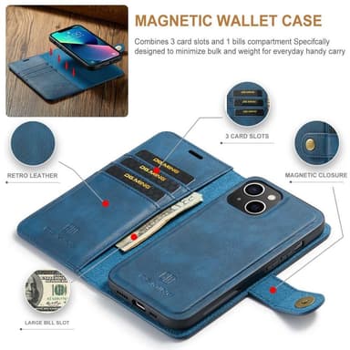 DG MING iPhone 14 2-i-1 Magnet Plånboksfodral - Blå
