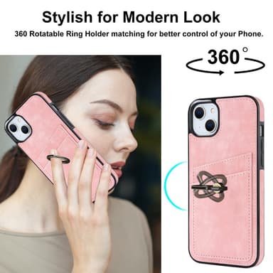 SKALO iPhone 14 Plus PU-Läder Korthållare Ring - Rosa
