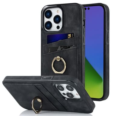 SKALO iPhone 14 Pro PU-Läder Korthållare Ring - Svart