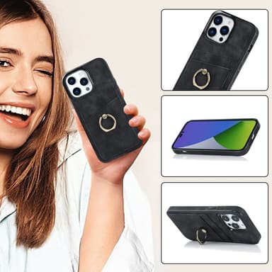 SKALO iPhone 14 Pro PU-Läder Korthållare Ring - Svart