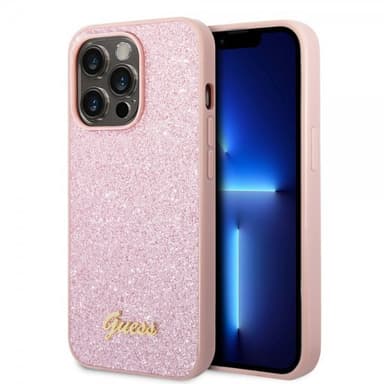 Guess iPhone 14 Pro Max Skal Glitter Flakes Metal Logo Rosa