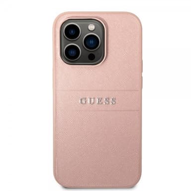 Guess iPhone 14 Pro Max Skal Saffiano Metal Logo Stripes Rosa