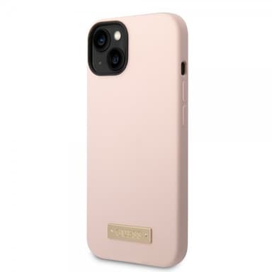 Guess iPhone 14 Skal Silicone Metal Plate MagSafe Rosa