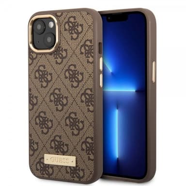 Guess iPhone 14 Plus Skal Metal Plate Logo MagSafe Brun