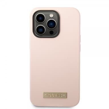 Guess iPhone 14 Pro Max Skal Silicone Metal Plate MagSafe Rosa