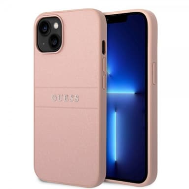 Guess iPhone 14 Skal Saffiano Metal Logo Stripes Rosa