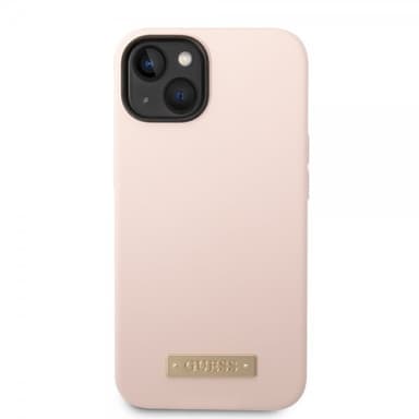 Guess iPhone 14 Skal Silicone Metal Plate MagSafe Rosa