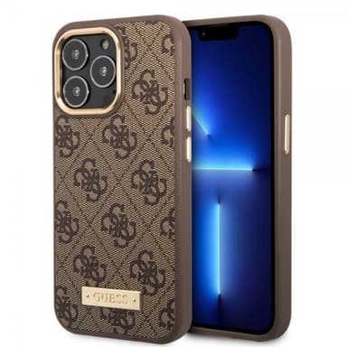 Guess iPhone 14 Pro Skal Metal Plate Logo MagSafe Brun