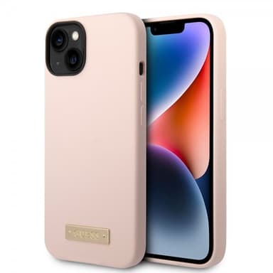 Guess iPhone 14 Plus Skal Silicone Metal Plate MagSafe Rosa