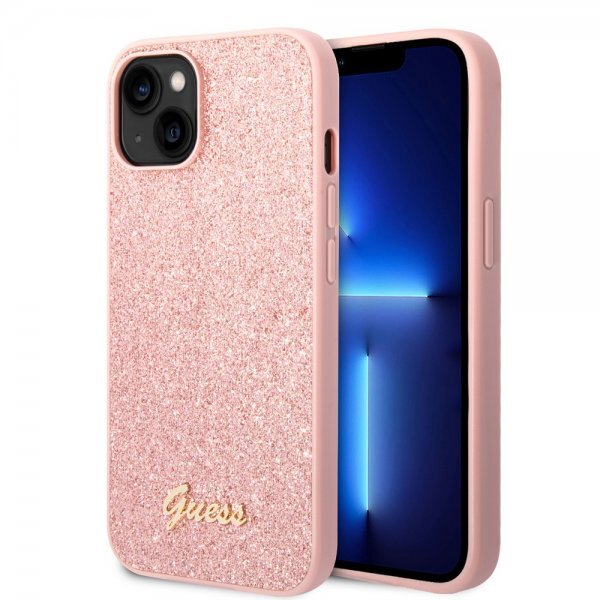Guess iPhone 14 Plus Skal Glitter Flakes Metal Logo Rosa
