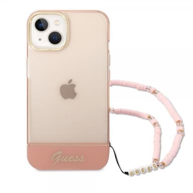 Guess iPhone 14 Plus Skal Translucent with Strap Rosa
