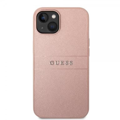 Guess iPhone 14 Skal Saffiano Metal Logo Stripes Rosa