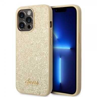 Guess iPhone 14 Pro Max Skal Glitter Flakes Metal Logo Guld