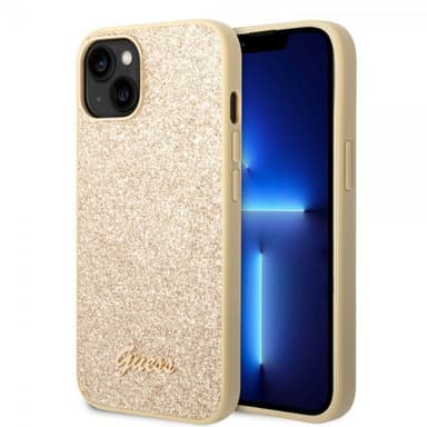 Guess iPhone 14 Skal Glitter Flakes Metal Logo Guld