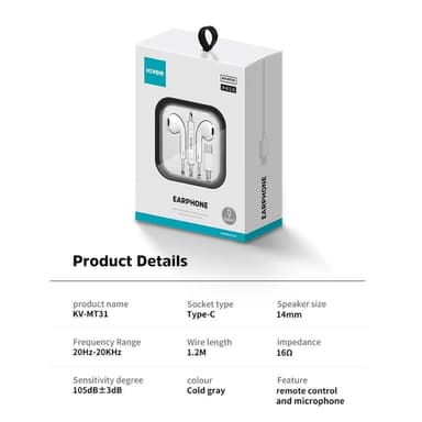 KIVEE KV-MT31 1.2m USB-C In-ear hörlurar + Mic - Vit