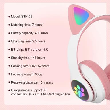 STN-28 Bluetooth Over Ear Music Headset Glowing Cat Ear - Rosa