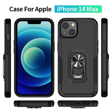 iPhone 14 Plus Hybrid skal med Finger Ring & Metall Plåt - Svart