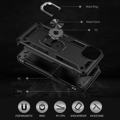 iPhone 14 Hybrid skal med Finger Ring & Metall Plåt - Svart