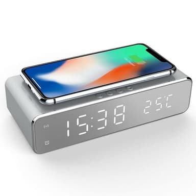 Väckarklocka med Qi-laddning och termometer, Silver
