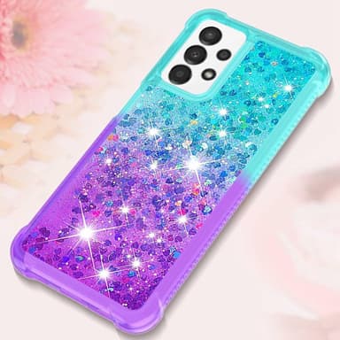 SKALO Samsung A13 4G Kvicksand Glitter Hjärtan TPU-skal - Turkos-Lila