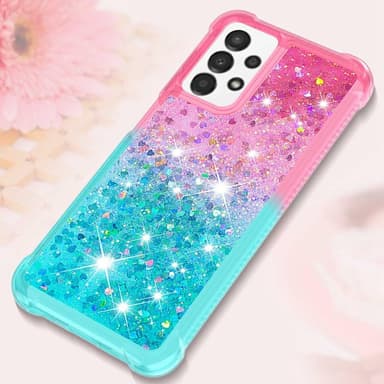 SKALO Samsung A13 4G Kvicksand Glitter Hjärtan TPU-skal - Rosa-Turkos