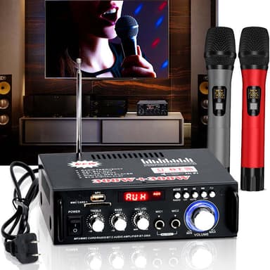 NÖRDIC Bluetooth 5.0 Stereo amplifier 2x40W AUX/USB/BT Audio förstärkare med FM mottagare, 2xMIC input