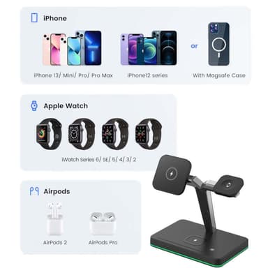 NÖRDIC Trådlös Magsafe laddstation 3 i 1 för Apple Iphone, iWatch och Airpods Iphone 13 Iphone 12