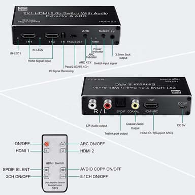 NÖRDIC HDMI switch 2 till 1 med Audio Extractor och ARC 4K 60hz SPDIF Coaxial RCA L/R och stereo