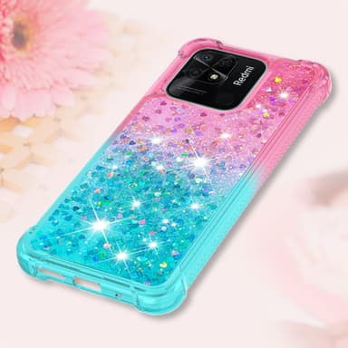SKALO Xiaomi Redmi 10C Kvicksand Glitter Hjärtan TPU-skal - Rosa-Turkos