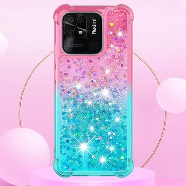 SKALO Xiaomi Redmi 10C Kvicksand Glitter Hjärtan TPU-skal - Rosa-Turkos