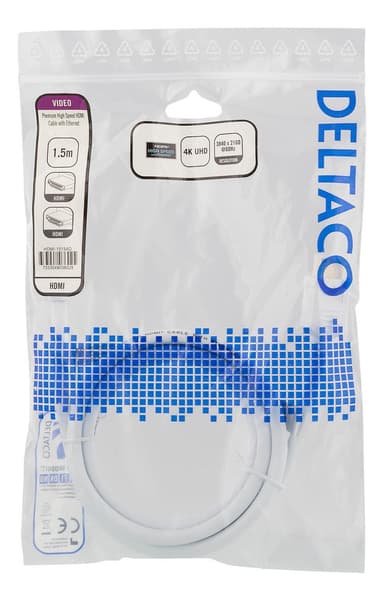 DELTACO High-Speed Premium HDMI-kabel, 1,5m, Ethernet, 4K UHD, vit